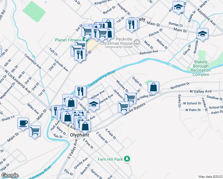 map of restaurants, bars, coffee shops, grocery stores, and more near 205 Jackson Street in Olyphant