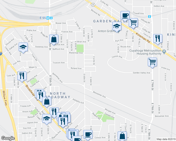 map of restaurants, bars, coffee shops, grocery stores, and more near 3121 East 65th Street in Cleveland
