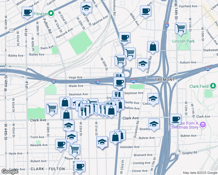 map of restaurants, bars, coffee shops, grocery stores, and more near 3011 Wade Avenue in Cleveland