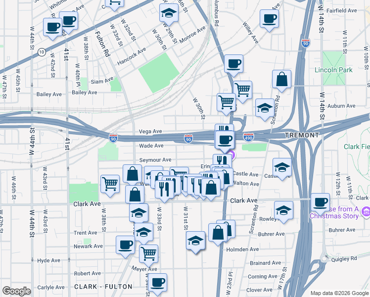map of restaurants, bars, coffee shops, grocery stores, and more near 3111 Wade Avenue in Cleveland