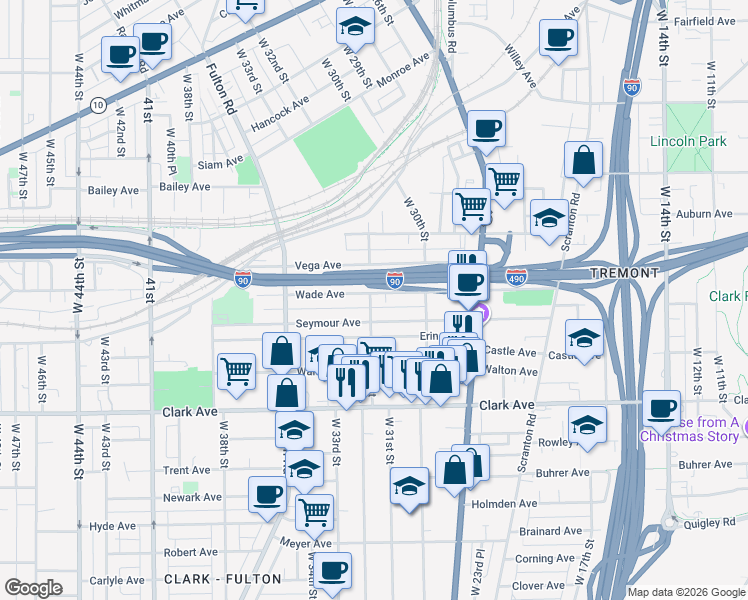 map of restaurants, bars, coffee shops, grocery stores, and more near 3111 Wade Avenue in Cleveland