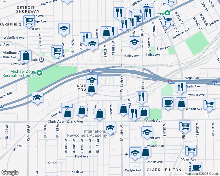 map of restaurants, bars, coffee shops, grocery stores, and more near 4601 Fenwick Avenue in Cleveland