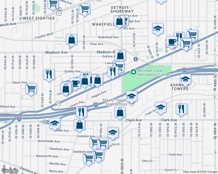 map of restaurants, bars, coffee shops, grocery stores, and more near 2126 West 67th Street in Cleveland