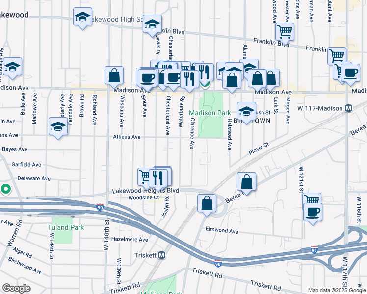 map of restaurants, bars, coffee shops, grocery stores, and more near 2125 Waterbury Road in Lakewood