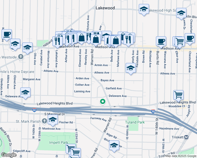 map of restaurants, bars, coffee shops, grocery stores, and more near 14728 Bayes Avenue in Lakewood