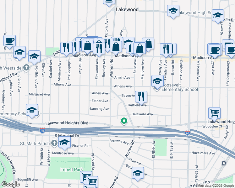 map of restaurants, bars, coffee shops, grocery stores, and more near 14728 Bayes Avenue in Lakewood