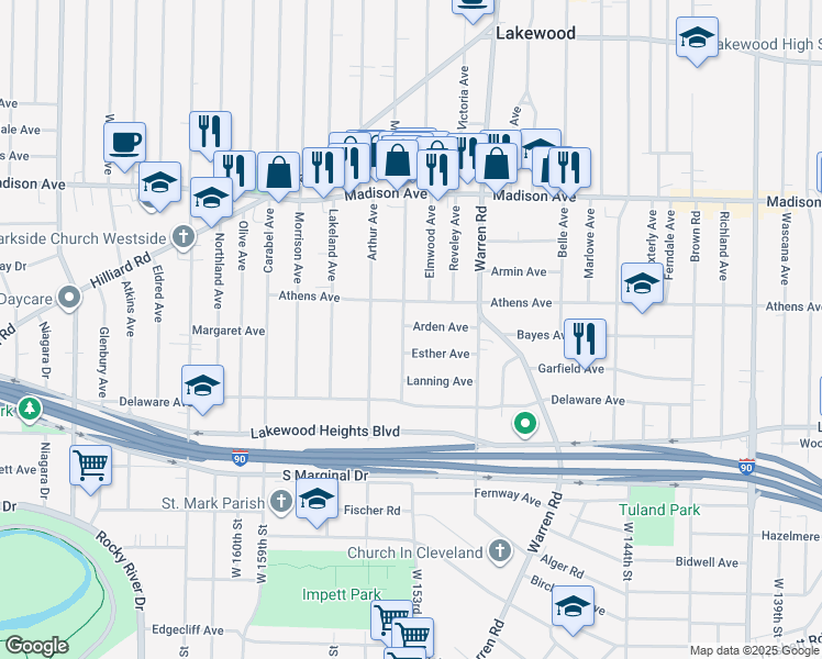 map of restaurants, bars, coffee shops, grocery stores, and more near 15122 Arden Avenue in Lakewood