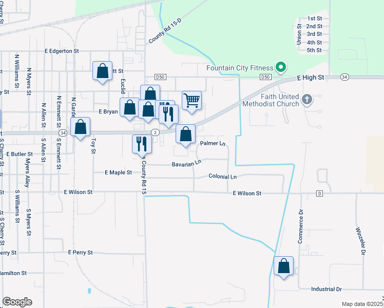 map of restaurants, bars, coffee shops, grocery stores, and more near 105 Palmer Lane in Bryan