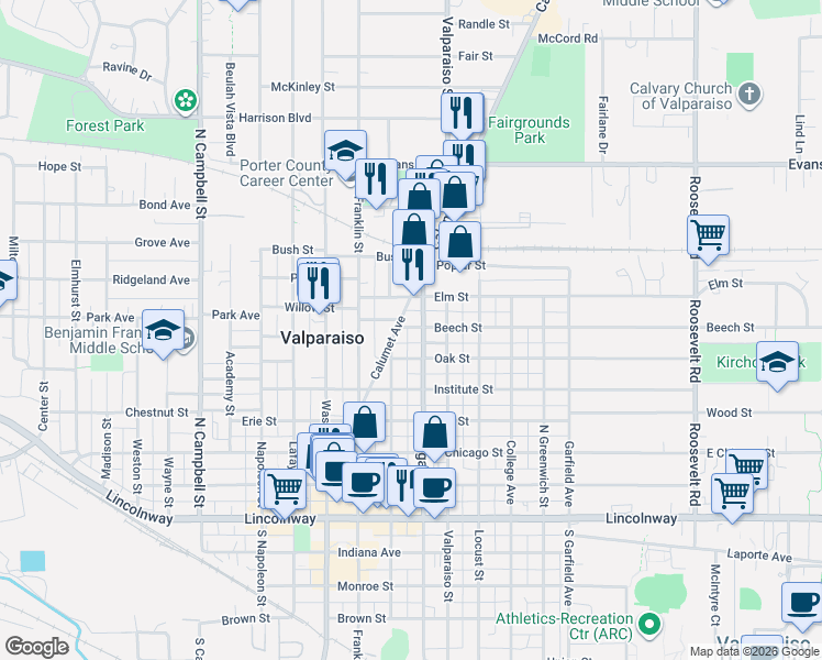 map of restaurants, bars, coffee shops, grocery stores, and more near 602 Morgan Boulevard in Valparaiso