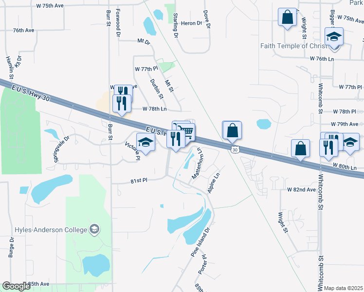map of restaurants, bars, coffee shops, grocery stores, and more near 5124 Pine Island Drive in Merrillville