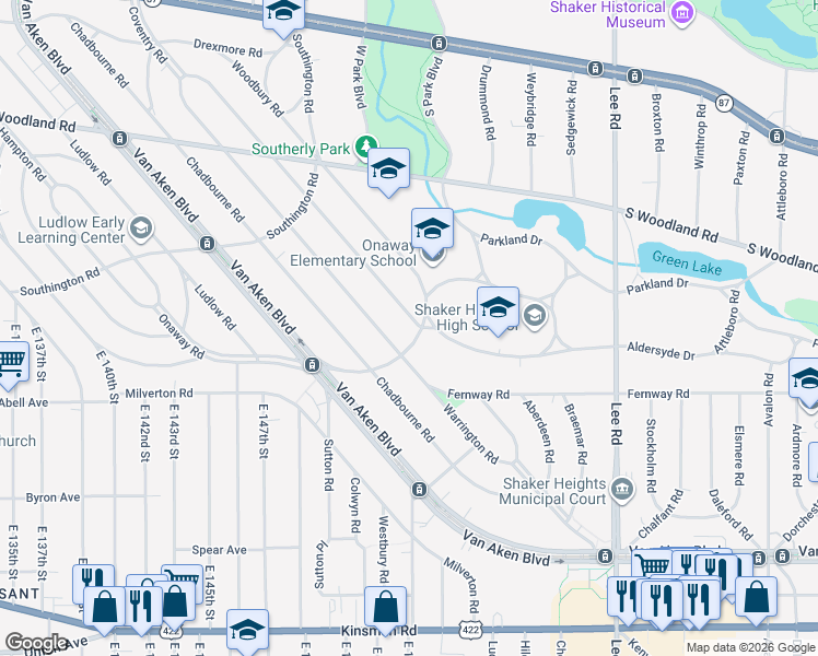 map of restaurants, bars, coffee shops, grocery stores, and more near 3166 Huntington Rd in Shaker Heights