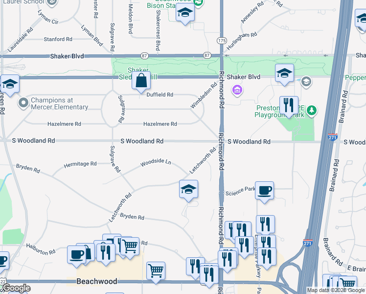 map of restaurants, bars, coffee shops, grocery stores, and more near 25200 South Woodland Road in Beachwood