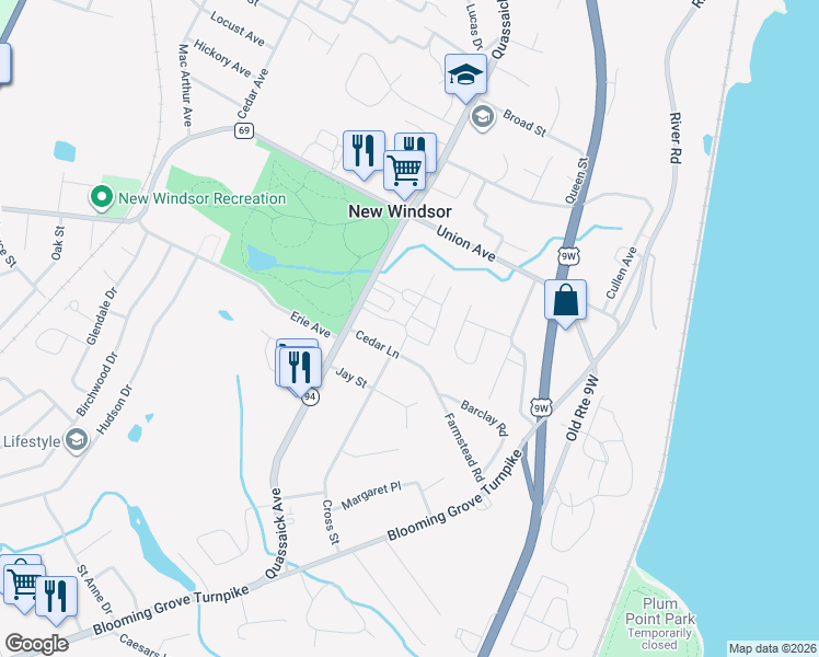 map of restaurants, bars, coffee shops, grocery stores, and more near 1 On the Green in New Windsor