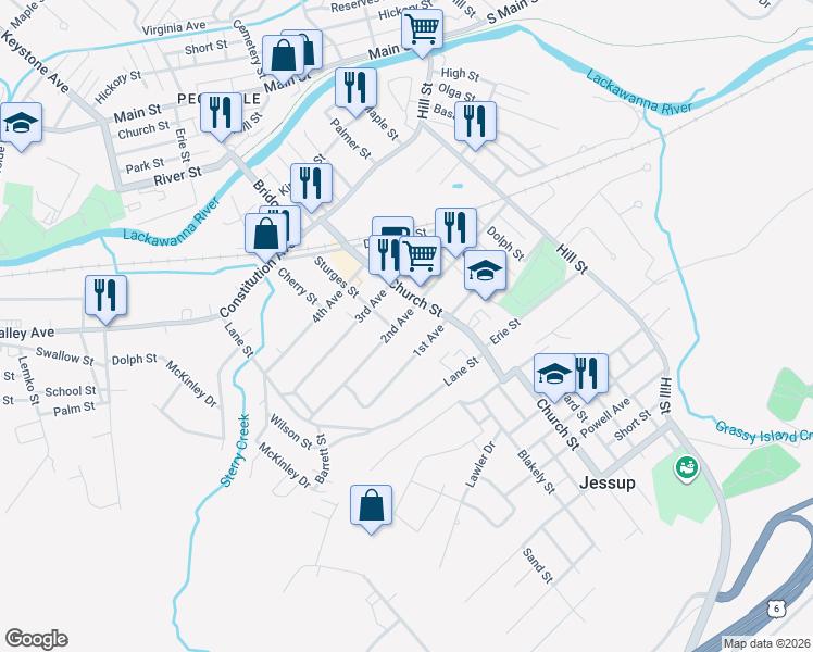 map of restaurants, bars, coffee shops, grocery stores, and more near 411 2nd Avenue in Jessup