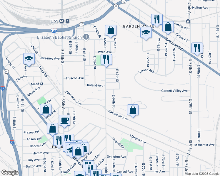 map of restaurants, bars, coffee shops, grocery stores, and more near 3121 East 65th Street in Cleveland