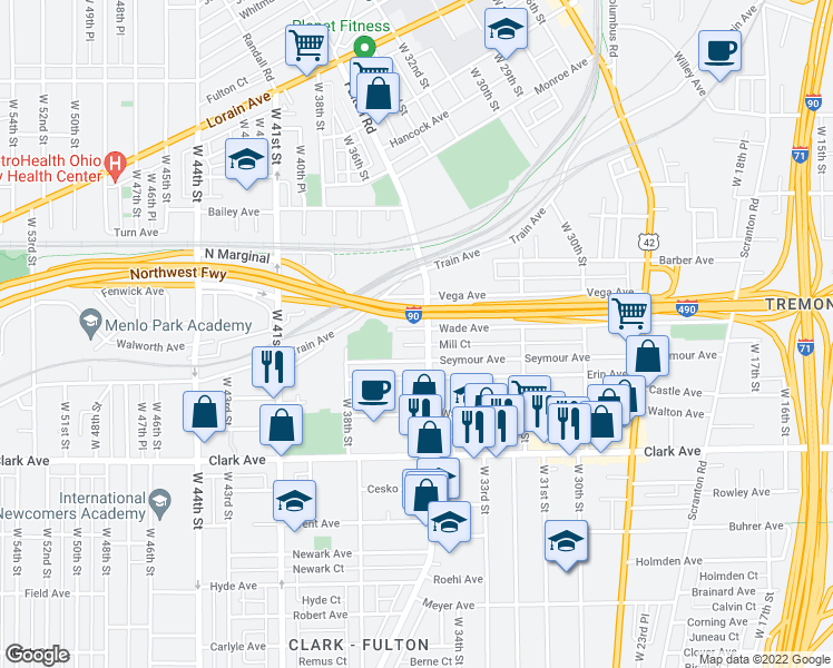 map of restaurants, bars, coffee shops, grocery stores, and more near 3507 Wade Avenue in Cleveland