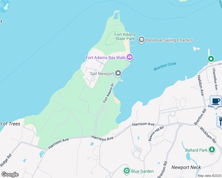 map of restaurants, bars, coffee shops, grocery stores, and more near Fort Adams Drive in Newport