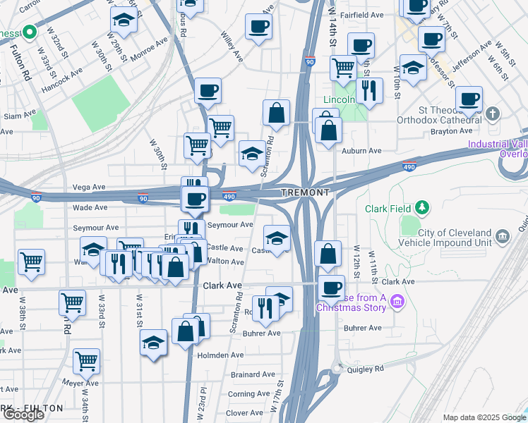 map of restaurants, bars, coffee shops, grocery stores, and more near 1710 Mentor Avenue in Cleveland
