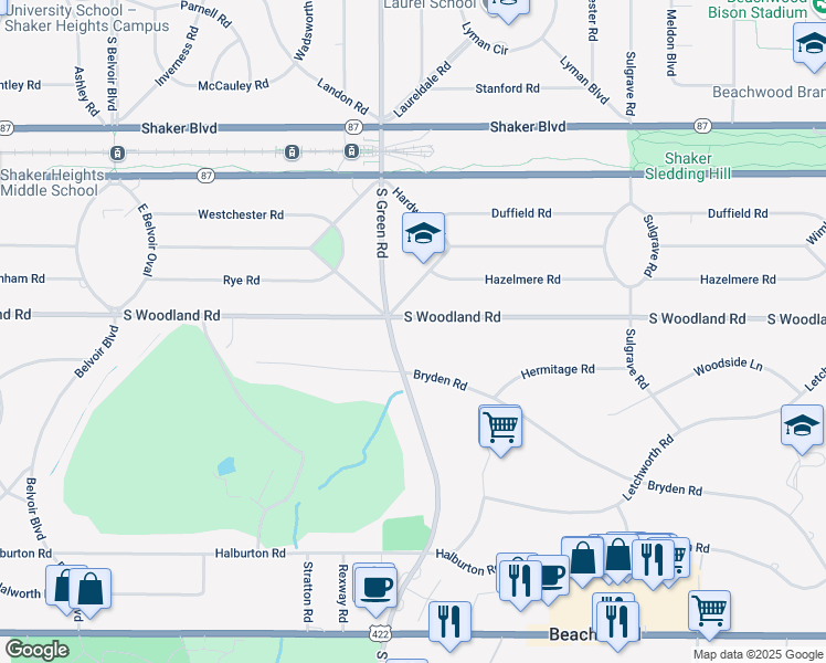 map of restaurants, bars, coffee shops, grocery stores, and more near 23200 South Woodland Road in Shaker Heights