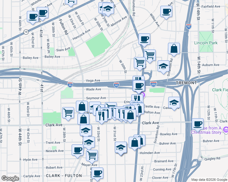 map of restaurants, bars, coffee shops, grocery stores, and more near 3111 Wade Avenue in Cleveland