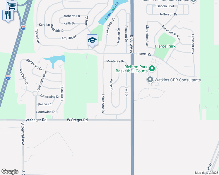 map of restaurants, bars, coffee shops, grocery stores, and more near 22901 Valley Drive in Richton Park