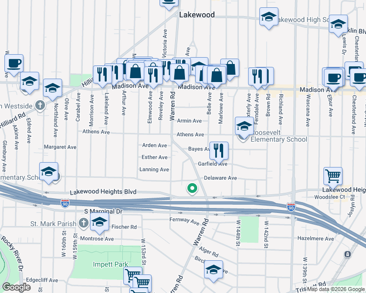 map of restaurants, bars, coffee shops, grocery stores, and more near 14728 Bayes Avenue in Lakewood