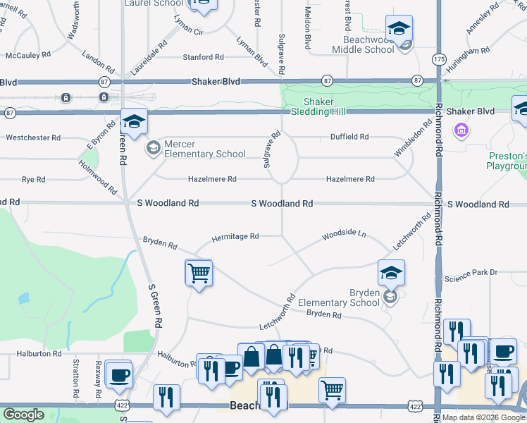 map of restaurants, bars, coffee shops, grocery stores, and more near 24150 South Woodland Road in Shaker Heights