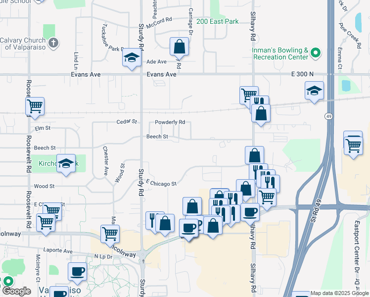map of restaurants, bars, coffee shops, grocery stores, and more near 2312 Beech Street in Valparaiso