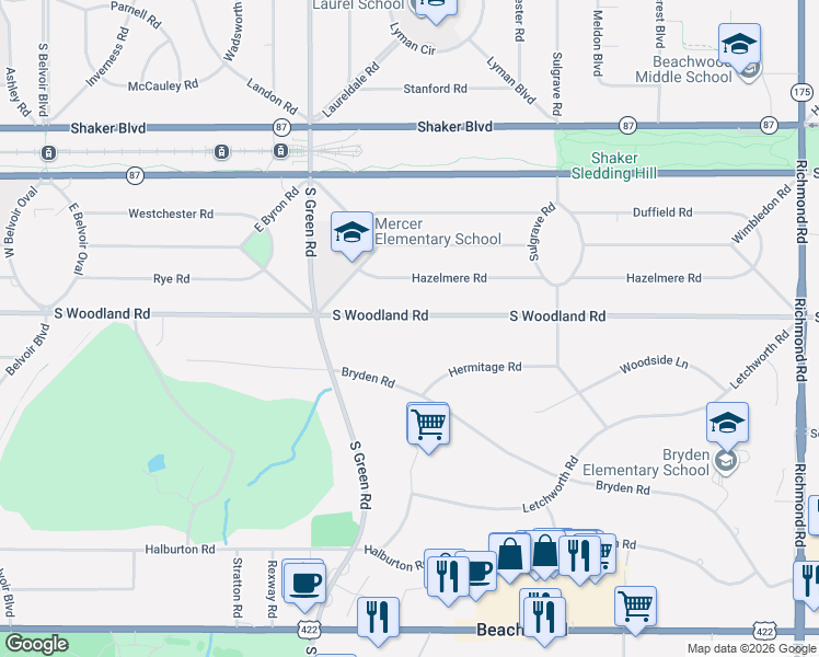 map of restaurants, bars, coffee shops, grocery stores, and more near 23500 South Woodland Road in Shaker Heights