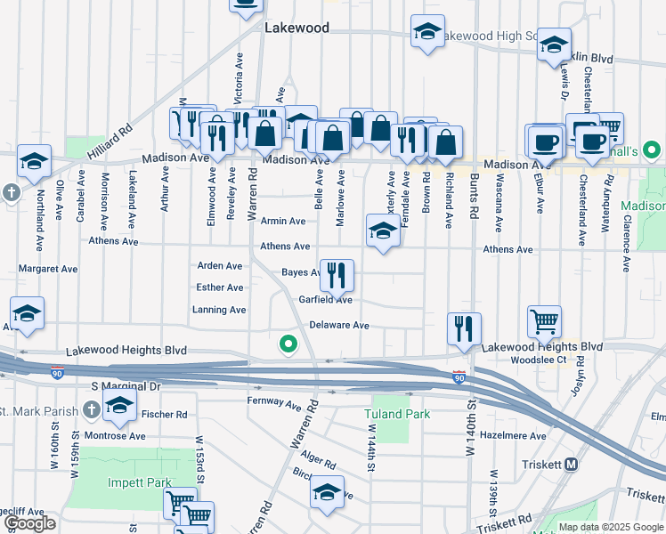 map of restaurants, bars, coffee shops, grocery stores, and more near 14520 Bayes Avenue in Lakewood