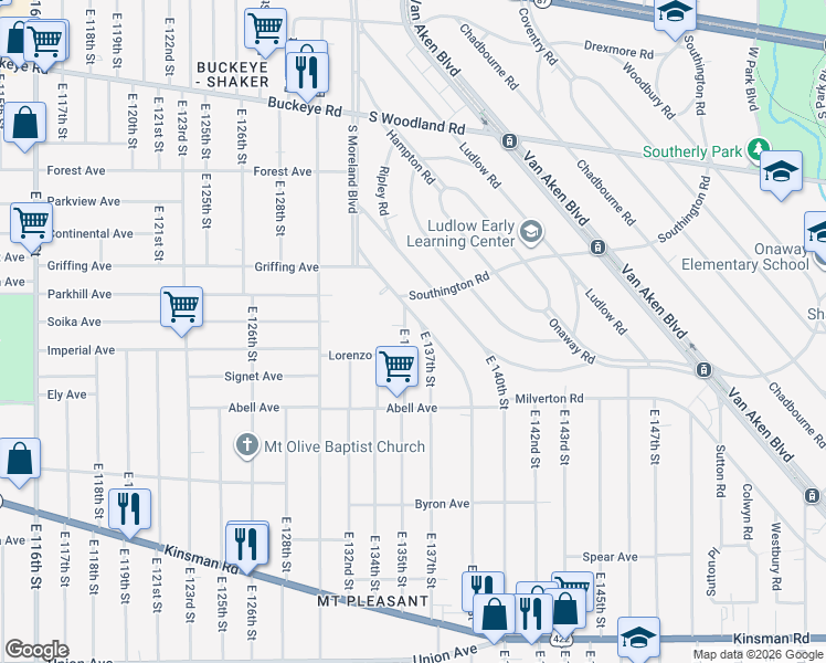 map of restaurants, bars, coffee shops, grocery stores, and more near 3152 E 137th St in Cleveland