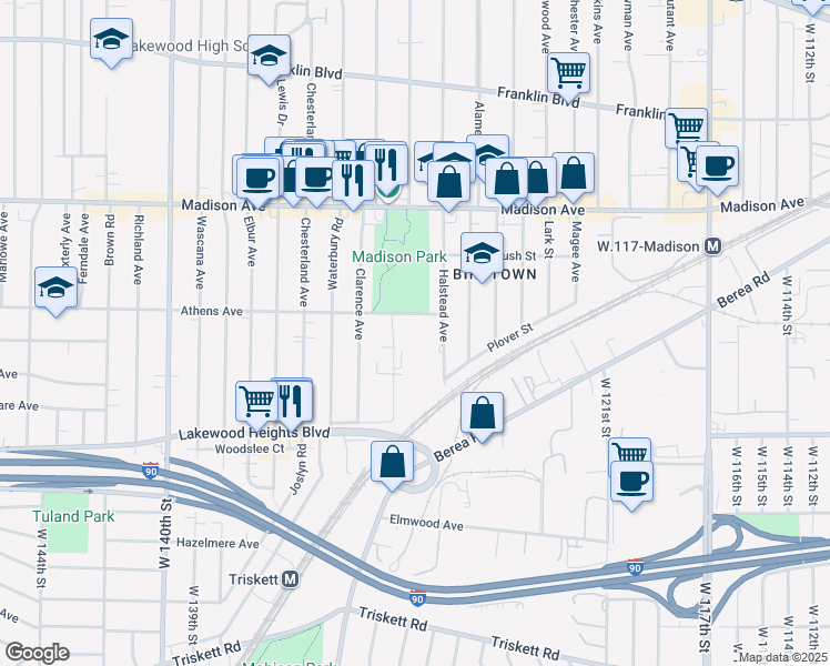map of restaurants, bars, coffee shops, grocery stores, and more near 13000 Athens Avenue in Lakewood