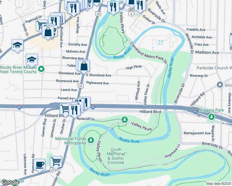 map of restaurants, bars, coffee shops, grocery stores, and more near 18850 Rocky River Oval in Rocky River