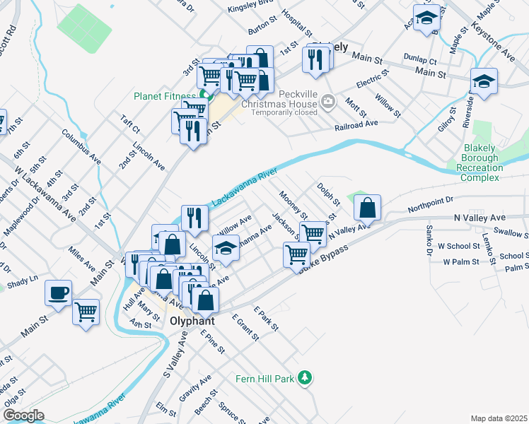 map of restaurants, bars, coffee shops, grocery stores, and more near 205 Jackson St in Olyphant