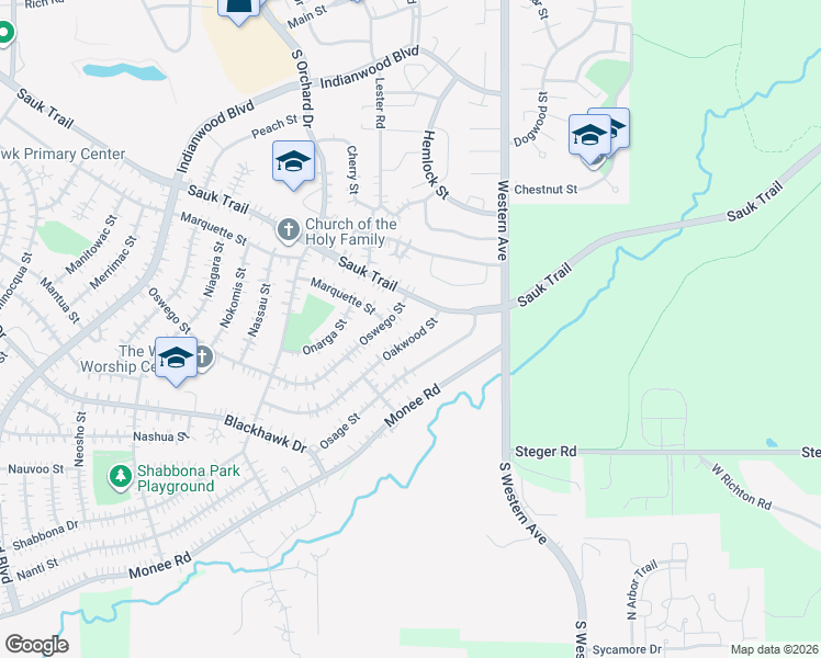 map of restaurants, bars, coffee shops, grocery stores, and more near 307 Oswego Street in Park Forest