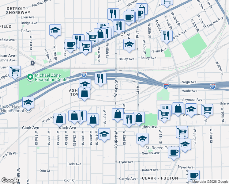 map of restaurants, bars, coffee shops, grocery stores, and more near 4407 Fenwick Avenue in Cleveland
