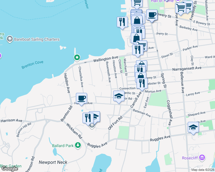 map of restaurants, bars, coffee shops, grocery stores, and more near 6 Conrad Court in Newport