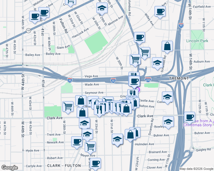 map of restaurants, bars, coffee shops, grocery stores, and more near 3111 Wade Avenue in Cleveland