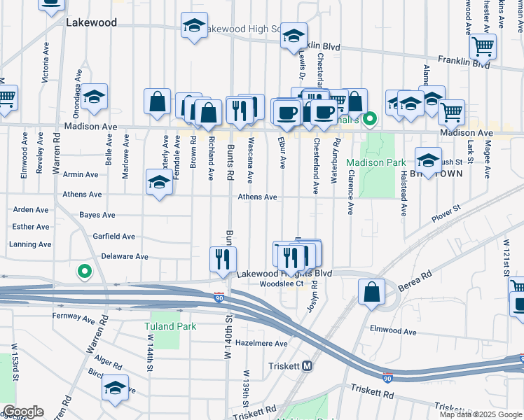 map of restaurants, bars, coffee shops, grocery stores, and more near 2128 Wyandotte Avenue in Lakewood