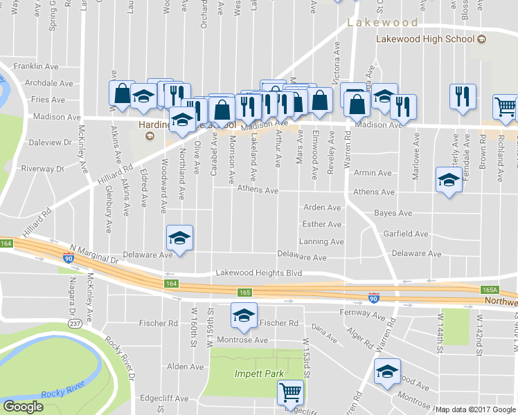 map of restaurants, bars, coffee shops, grocery stores, and more near 2133 Lakeland Avenue in Lakewood