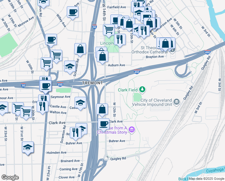 map of restaurants, bars, coffee shops, grocery stores, and more near 2850 West 12th Street in Cleveland