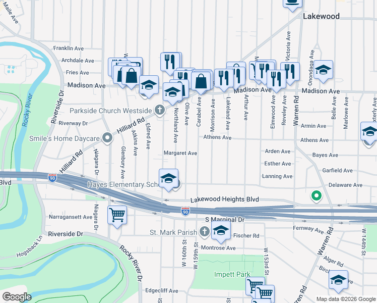 map of restaurants, bars, coffee shops, grocery stores, and more near 2166 Olive Avenue in Lakewood