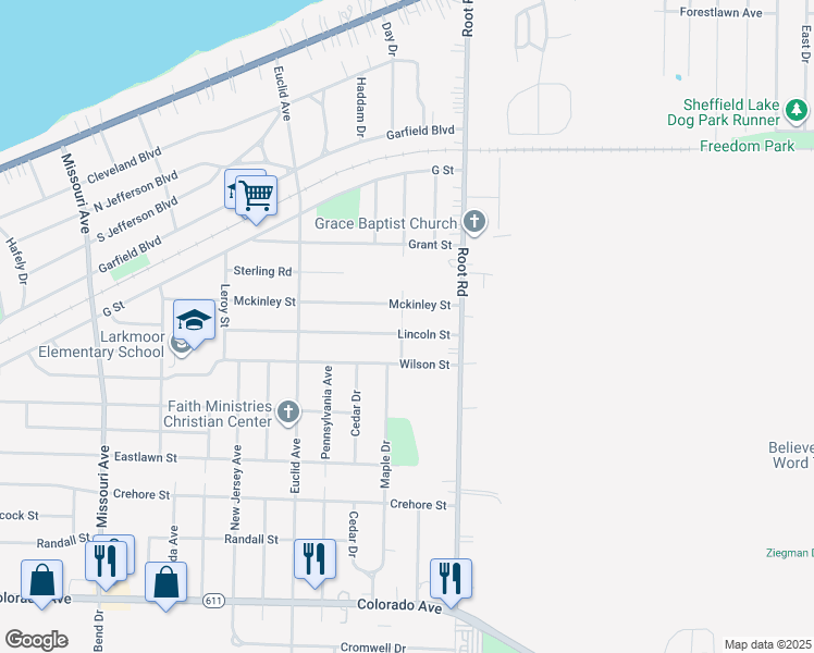 map of restaurants, bars, coffee shops, grocery stores, and more near 3301 Lincoln Street in Lorain