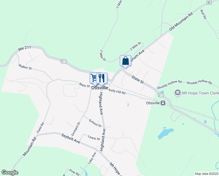 map of restaurants, bars, coffee shops, grocery stores, and more near 9 Kelly Hill Road in Otisville