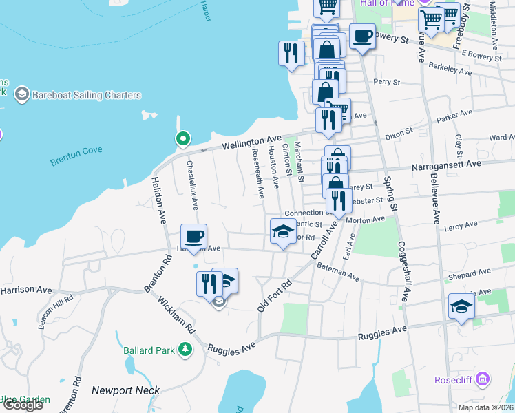 map of restaurants, bars, coffee shops, grocery stores, and more near 6 Conrad Court in Newport