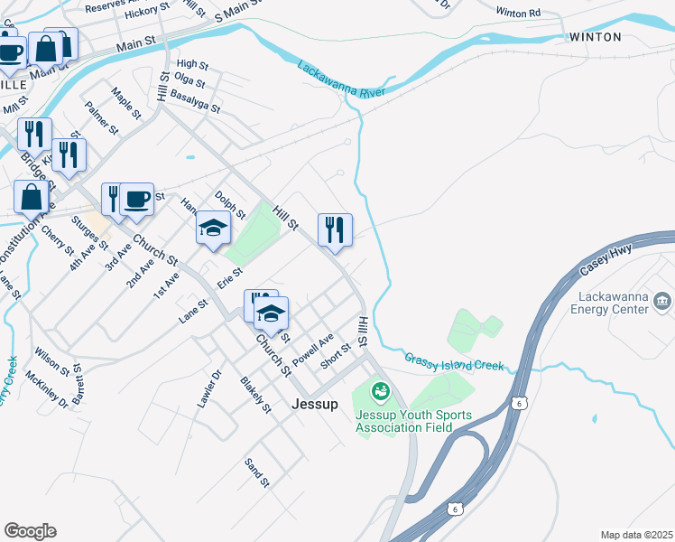 map of restaurants, bars, coffee shops, grocery stores, and more near 806 Hill St in Jessup