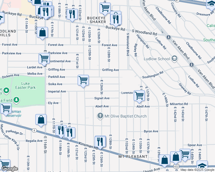 map of restaurants, bars, coffee shops, grocery stores, and more near 12610 Soika Avenue in Cleveland