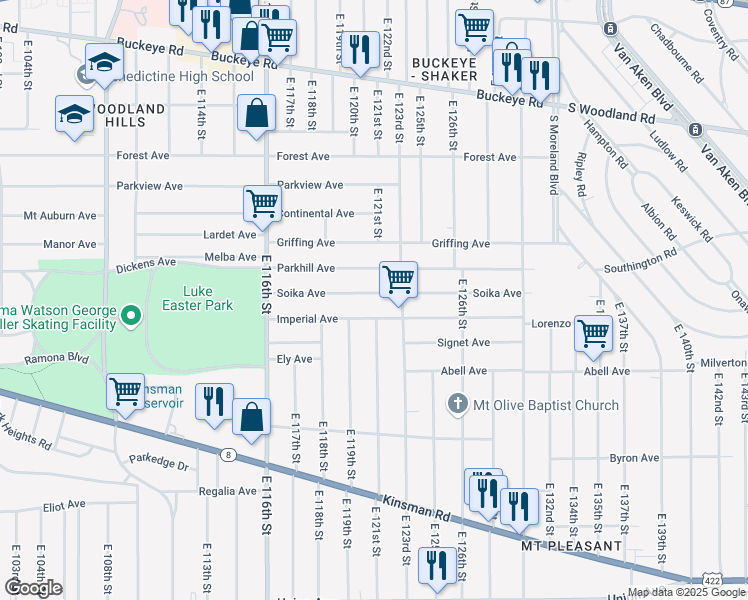 map of restaurants, bars, coffee shops, grocery stores, and more near 12106 Soika Avenue in Cleveland