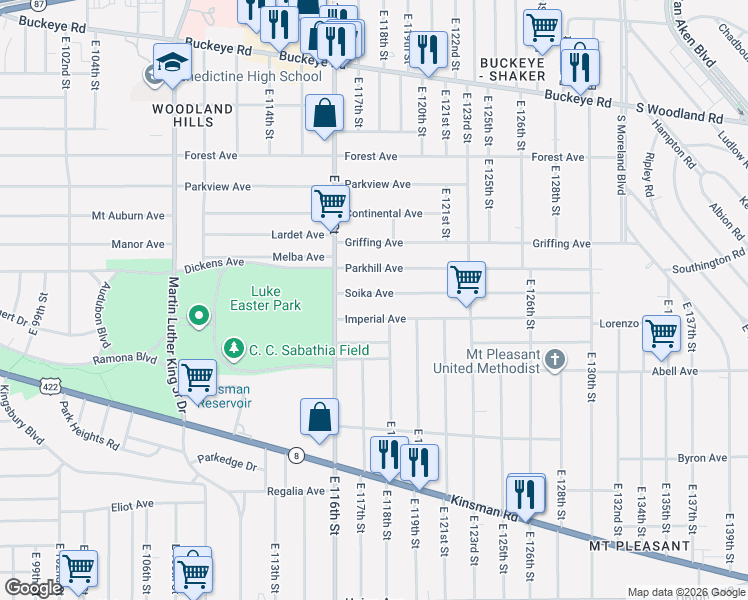 map of restaurants, bars, coffee shops, grocery stores, and more near 11714 Soika Avenue in Cleveland