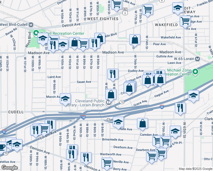 map of restaurants, bars, coffee shops, grocery stores, and more near 2133 West 84th Place in Cleveland